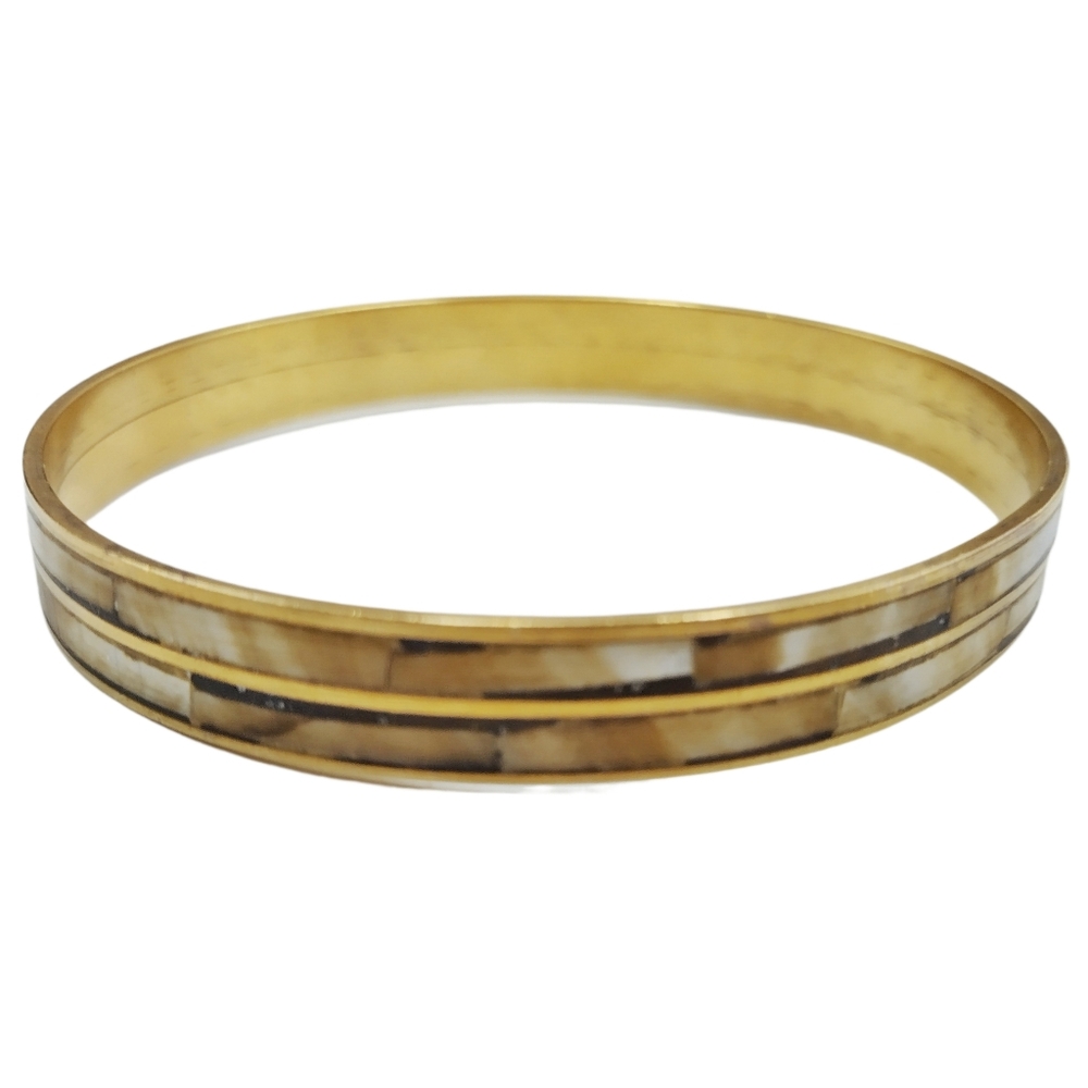 Gold Tone Bangle Bracelet w/ Cream & Brown Shell Inlay 2.65"